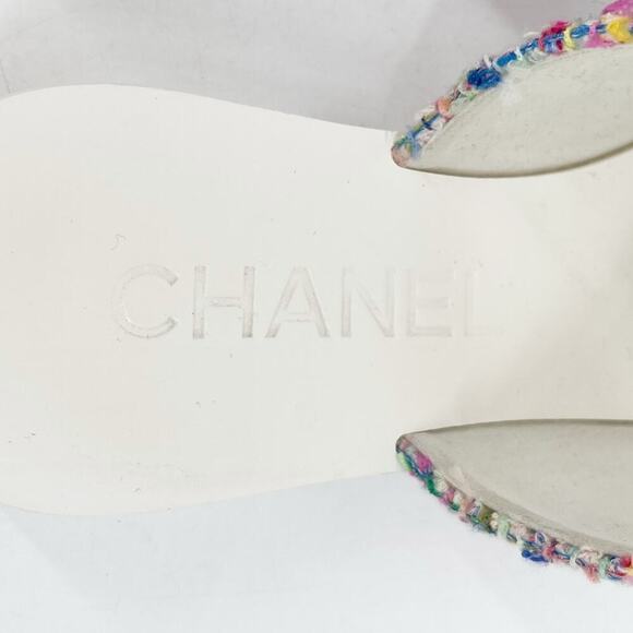 Chanel Cruise 2023 White Leather Multicolor Tweed CC Logo Slide Sandals EU 37 - Picture 6 of 11